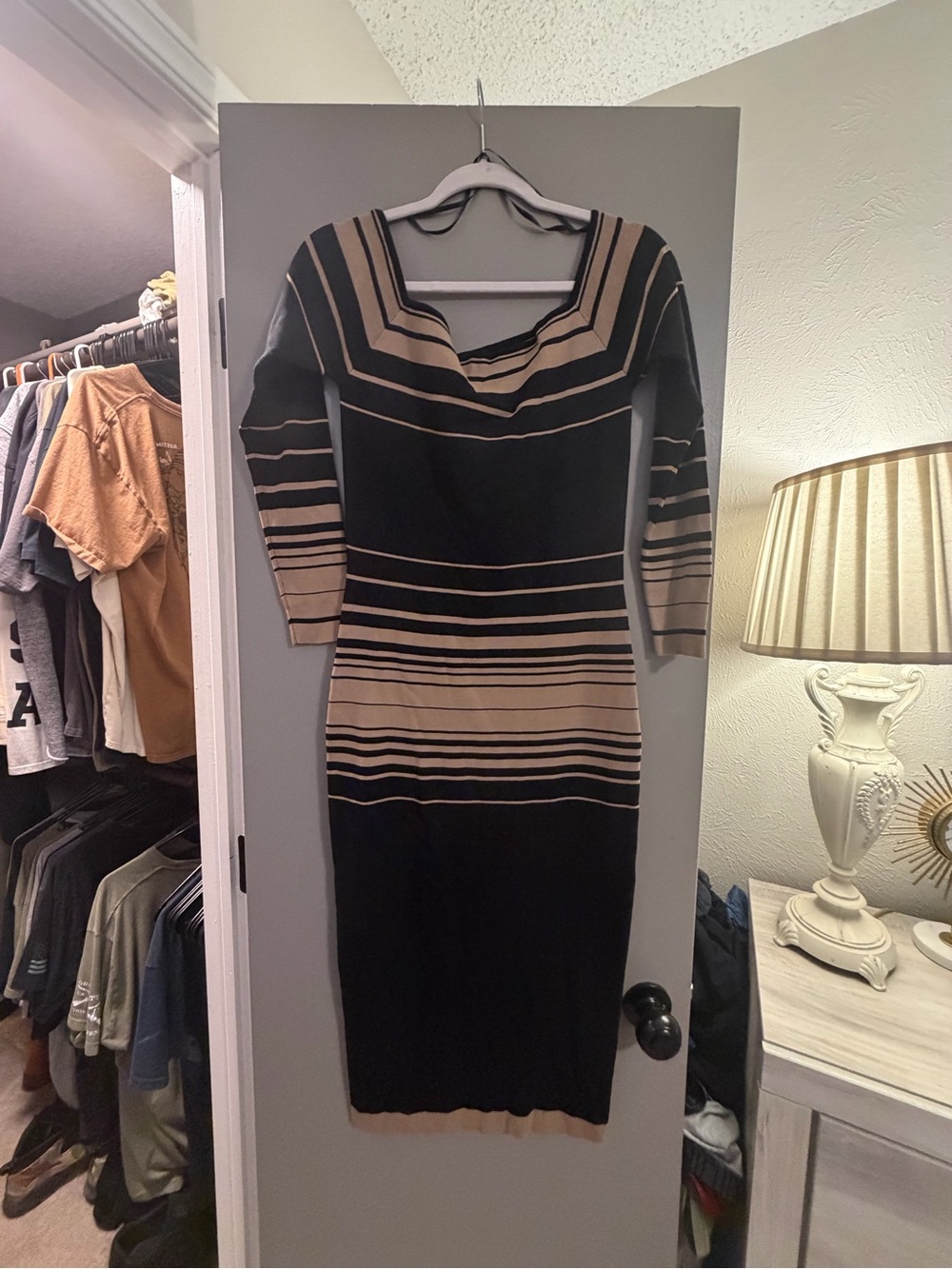 Fashion Nova Black and Tan Striped Midi Bodycon Dress